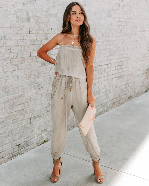 Color-Gray-Ladies Sexy Bandeau Washed Worn Lace up Jumpsuit-Fancey Boutique