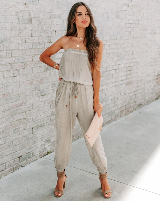 Color-Gray-Ladies Sexy Bandeau Washed Worn Lace up Jumpsuit-Fancey Boutique