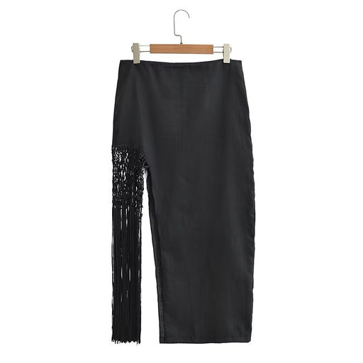 Color-Black-Women Black Decorated Tassel Linen Skirt-Fancey Boutique