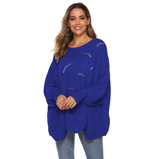 Color-Blue-Women Clothing Irregular Asymmetric Loose Lantern Batwing Sleeve Hollow Out Cutout Woven Pullover Sweater-Fancey Boutique