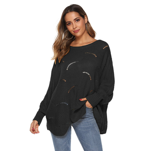 Color-Black-Women Clothing Irregular Asymmetric Loose Lantern Batwing Sleeve Hollow Out Cutout Woven Pullover Sweater-Fancey Boutique