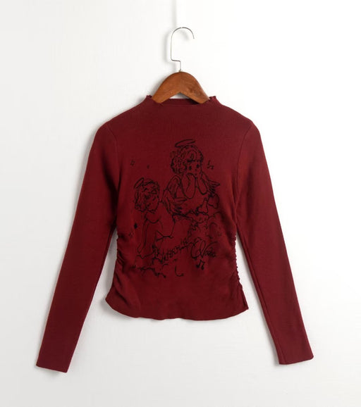 Color-Burgundy-Autumn Sexy Slim Fit Slimming Cartoon Printed Long Sleeved Bottoming Shirt-Fancey Boutique