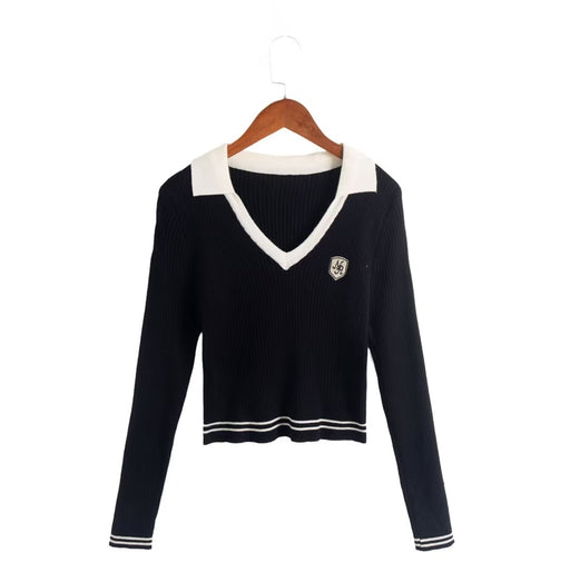 Color-Black-Autumn Korean Simple Spicy Girl Elegant V neck Two Color Matching Long Sleeve Sweater-Fancey Boutique