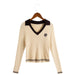 Color-Apricot-Autumn Korean Simple Spicy Girl Elegant V neck Two Color Matching Long Sleeve Sweater-Fancey Boutique