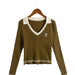 Color-Army Green-Autumn Korean Simple Spicy Girl Elegant V neck Two Color Matching Long Sleeve Sweater-Fancey Boutique
