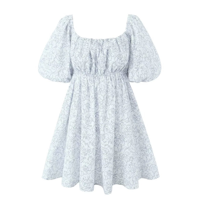 Color-White-【MOQ-5 packs】 Sweet Floral Decorative Waist Square Collar Little Short Dress Autumn Girlish Puff Short Sleeve Dress-Fancey Boutique