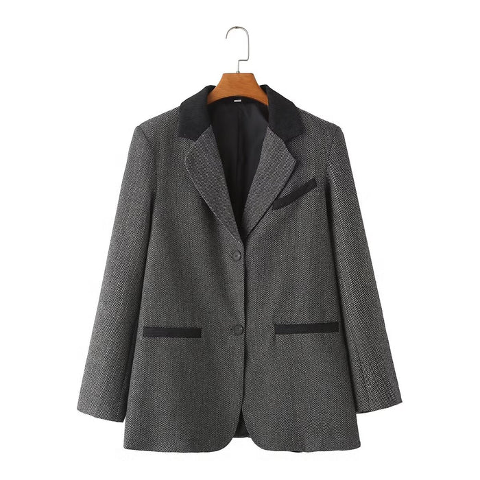 Color-Dark Grey-Autumn Women Herringbone Oblique Solid Color Loose Blazer Women-Fancey Boutique