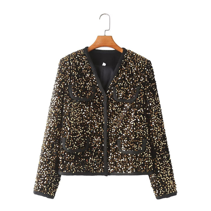 Color-Gold-Women Clothing Autumn Winter Personality Street Loose Casual Sequin Crew Neck Coat Small Blazers-Fancey Boutique