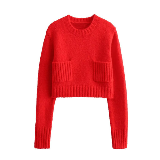Color-Red-Women Clothing French Round Neck Long Sleeve Short Sweater Sweater-Fancey Boutique