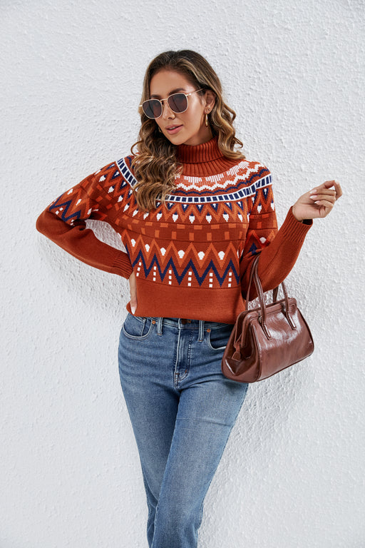 Color-Red-Women Clothing Jacquard Retro Contrast Color Red Sweater Loose round Neck Christmas Year Sweater-Fancey Boutique