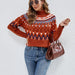 Color-Red-Women Clothing Jacquard Retro Contrast Color Red Sweater Loose round Neck Christmas Year Sweater-Fancey Boutique