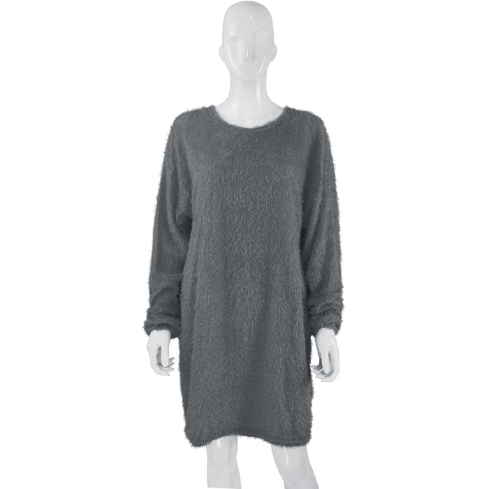 Color-Gray-Autumn Winter Women Clothes Mid Length Long Sleeve Round Neck Loose Plush Dress-Fancey Boutique
