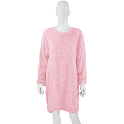 Color-Pink-Autumn Winter Women Clothes Mid Length Long Sleeve Round Neck Loose Plush Dress-Fancey Boutique
