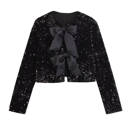 Color-Black-Winter Women Clothing Fashionable All Match Bowknot Decoration Sequined Short Coat-Fancey Boutique