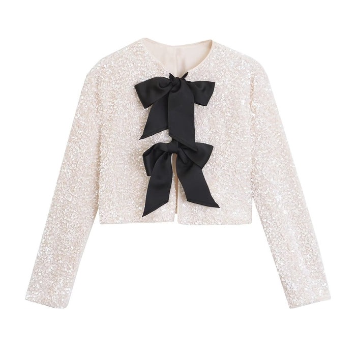 Color-Ivory-Winter Women Clothing Fashionable All Match Bowknot Decoration Sequined Short Coat-Fancey Boutique