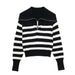 Color-Multicolor-Women Loose Striped Sweater Women Zipper Polo Coat Women Thick Sweater Short Top Sweater-Fancey Boutique
