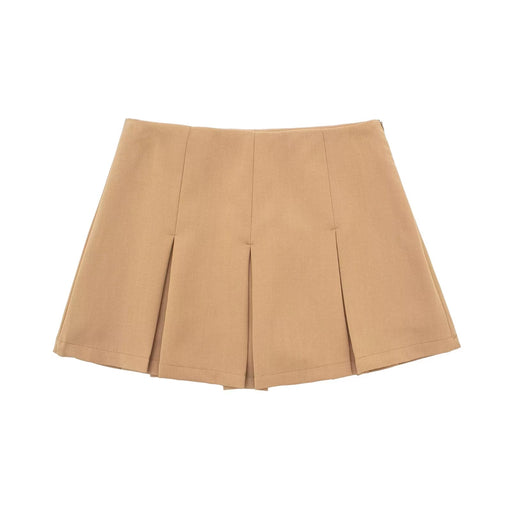 Color-Khaki-Women Clothing Sexy High Waist Slimming Wide Pleated Pantskirt Mini Skirt-Fancey Boutique