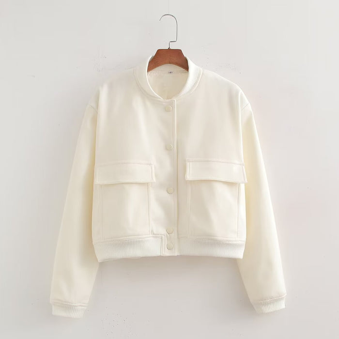 Color-White Coat-Spring Women Clothing Large Pocket Bomber Jacket Coat-Fancey Boutique