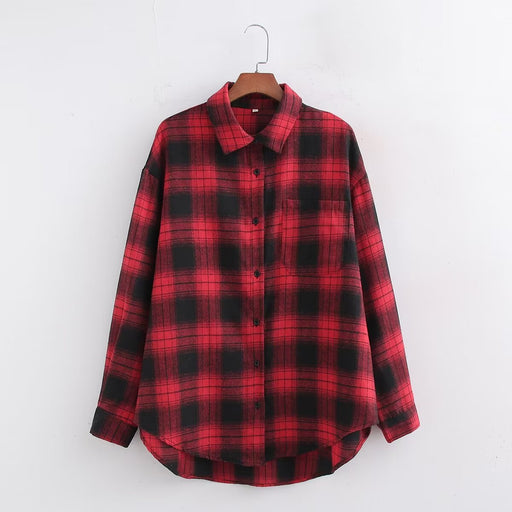 Color-Red Plaid Shirt-Autumn Black Red Plaid Long Sleeved Shirt Women Loose Casual Oversize Coat-Fancey Boutique