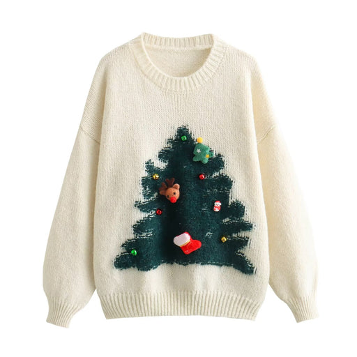 Color-White-Women Autumn Winter Christmas Tree Atmosphere Round Neck Pullover Knitted Sweater-Fancey Boutique