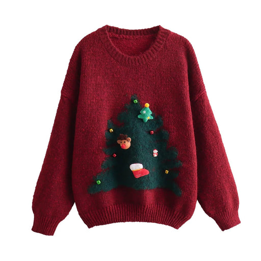 Color-Burgundy-Women Autumn Winter Christmas Tree Atmosphere Round Neck Pullover Knitted Sweater-Fancey Boutique