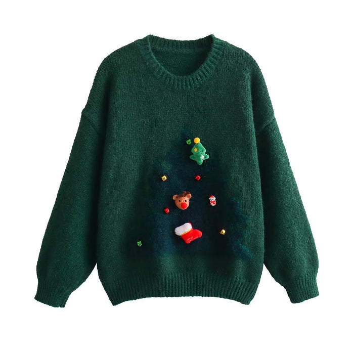 Color-Green-Women Autumn Winter Christmas Tree Atmosphere Round Neck Pullover Knitted Sweater-Fancey Boutique