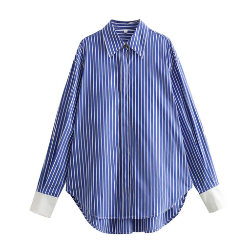 Color-Blue-Blue Striped Shirt Women Autumn Loose Inner Wear Simple Striped Shirt Top for Women-Fancey Boutique