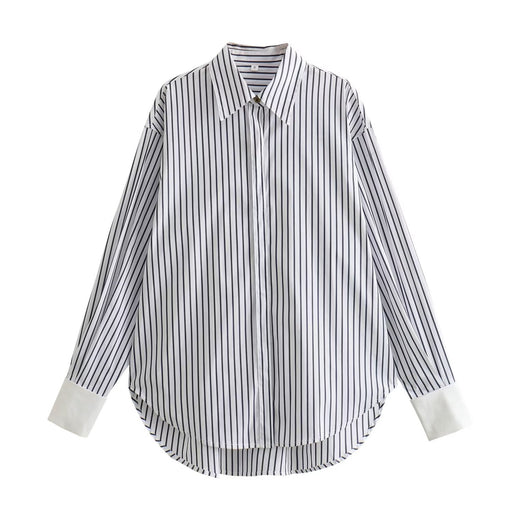 Color-White-Blue Striped Shirt Women Autumn Loose Inner Wear Simple Striped Shirt Top for Women-Fancey Boutique