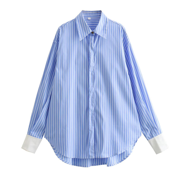 Color-Light Blue-Blue Striped Shirt Women Autumn Loose Inner Wear Simple Striped Shirt Top for Women-Fancey Boutique