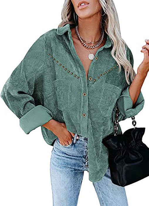 Color-Green-Autumn Solid Color Polo Collar Coat Women Corduroy Long Sleeve Button Shirt Oversized Jacket Top-Fancey Boutique