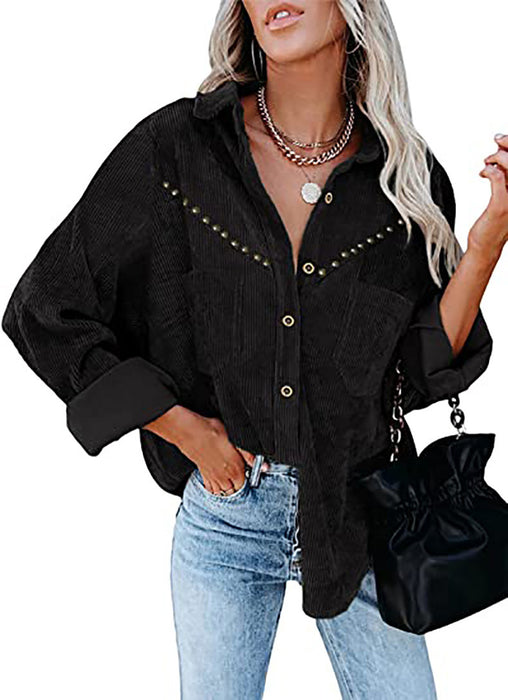 Color-Black-Autumn Solid Color Polo Collar Coat Women Corduroy Long Sleeve Button Shirt Oversized Jacket Top-Fancey Boutique
