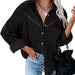Color-Black-Autumn Solid Color Polo Collar Coat Women Corduroy Long Sleeve Button Shirt Oversized Jacket Top-Fancey Boutique