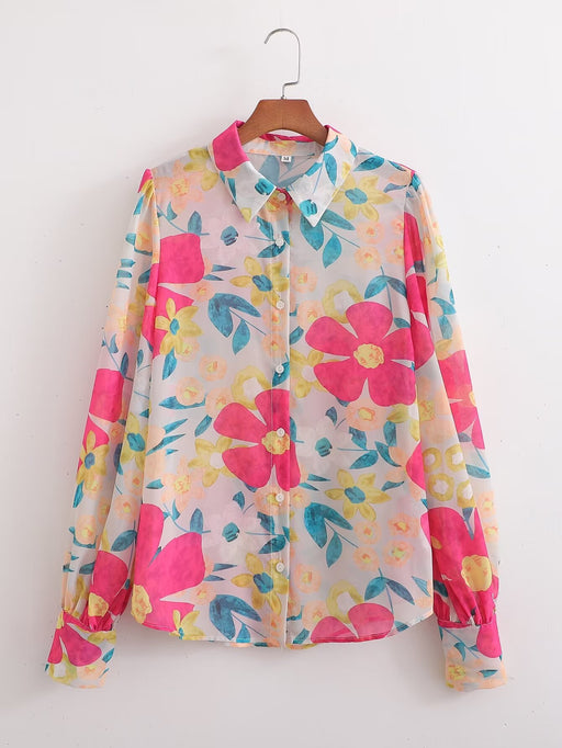 Color-Multi-Women Clothing Floral Print Loose Collared Long Sleeves Shirt-Fancey Boutique