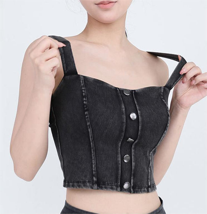 Color-Women Faux Denim Workout Yoga Vest High Elastic U Shaped Strap With Chest Pad Slimming Metal Buckle Sling Sports Casual Top-Fancey Boutique