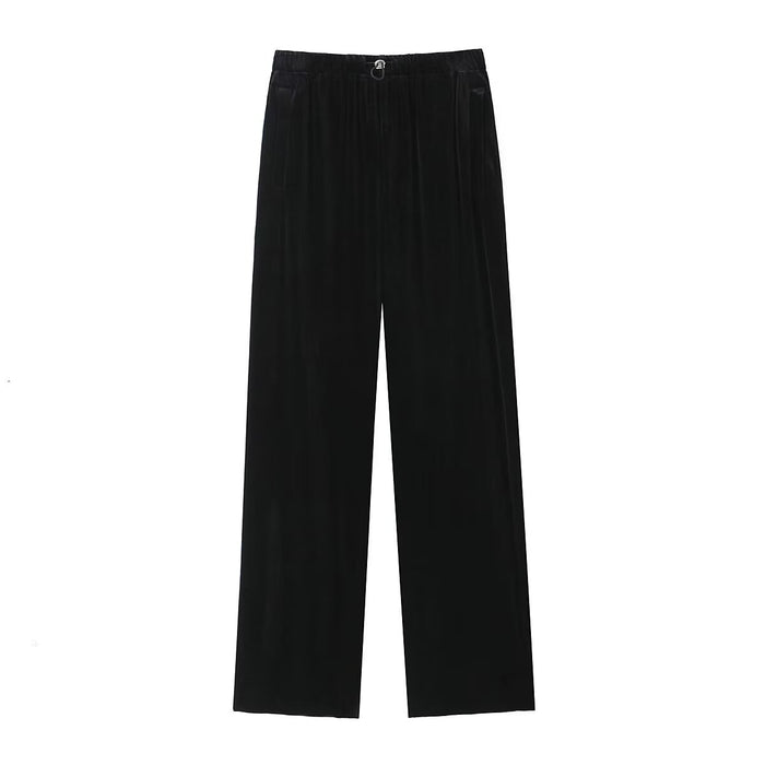 Color-Black-Winter Women Street Elastic Waist Velvet Wide Leg Pants-Fancey Boutique