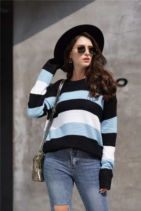 Color-Light Blue-Autumn Winter Women Color Splicing Knitwear Pullover Office Office Oversized Loose Sweater Women-Fancey Boutique