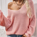 Color-Pink-Winter Solid Color Knitwear Pullover V Neck Women Clothing Loose Fitting Oversized Sweater Women-Fancey Boutique