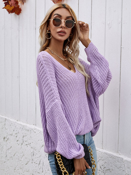 Color-Purple-Winter Solid Color Knitwear Pullover V Neck Women Clothing Loose Fitting Oversized Sweater Women-Fancey Boutique