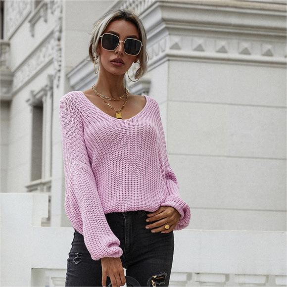 Color-Coral Red-Winter Solid Color Knitwear Pullover V Neck Women Clothing Loose Fitting Oversized Sweater Women-Fancey Boutique