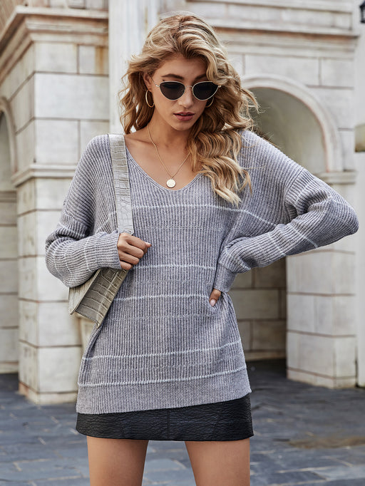 Color-Gray-Autumn Winter Metal Edge Striped Sweater Women V Neck Pullover Loose Sweater Women-Fancey Boutique