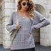Color-Gray-Autumn Winter Metal Edge Striped Sweater Women V Neck Pullover Loose Sweater Women-Fancey Boutique