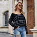 Color-Black-Autumn Winter Metal Edge Striped Sweater Women V Neck Pullover Loose Sweater Women-Fancey Boutique