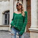 Color-Blackish Green-Autumn Winter Metal Edge Striped Sweater Women V Neck Pullover Loose Sweater Women-Fancey Boutique