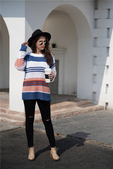 Color-Blue-Women Rainbow Color Splicing Knitwear Pullover Office Loose Sweater Women-Fancey Boutique