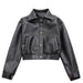 Color-Black-Black Short Leather Jacket Women Autumn Hong Kong Retro Loose Lapels Short Coat-Fancey Boutique