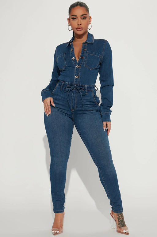 Color-Navy Blue-Women Sexy Long Sleeve High Elasticity Denim Jumpsuit-Fancey Boutique