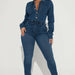 Color-Navy Blue-Women Sexy Long Sleeve High Elasticity Denim Jumpsuit-Fancey Boutique