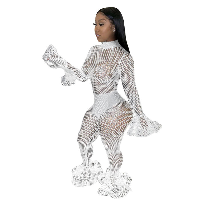 Color-White-Sexy Nightclub Knitted Mesh See through Jumpsuit-Fancey Boutique