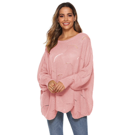 Color-Pink-Women Clothing Irregular Asymmetric Loose Lantern Batwing Sleeve Hollow Out Cutout Woven Pullover Sweater-Fancey Boutique