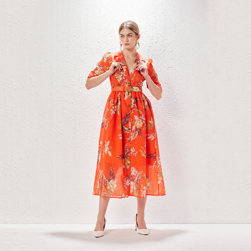 Color-Orange-Women Summer Printed Blazer Collar Single Breasted Short Sleeved Dress With Belt Midi Dress-Fancey Boutique